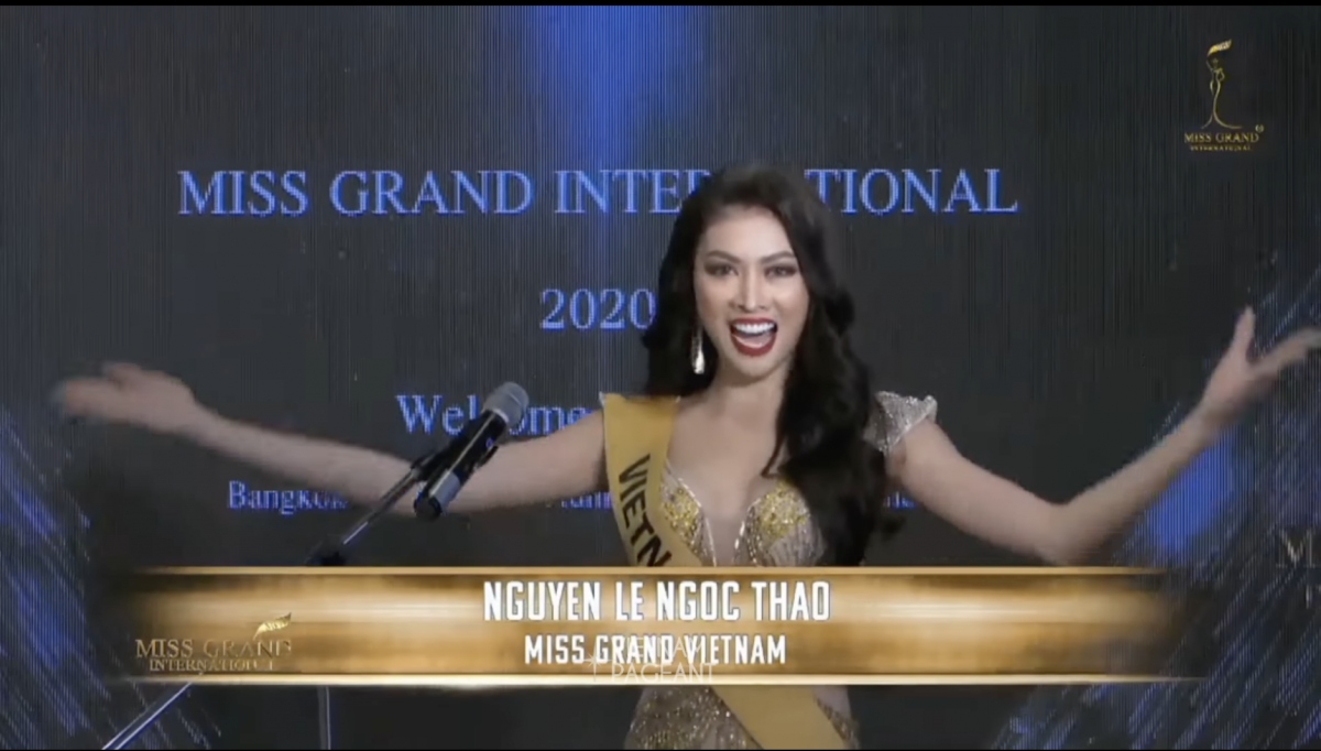 Ngọc Thảo hô vang hai tiếng “Việt Nam” trên sân khấu họp báo Miss Grand International